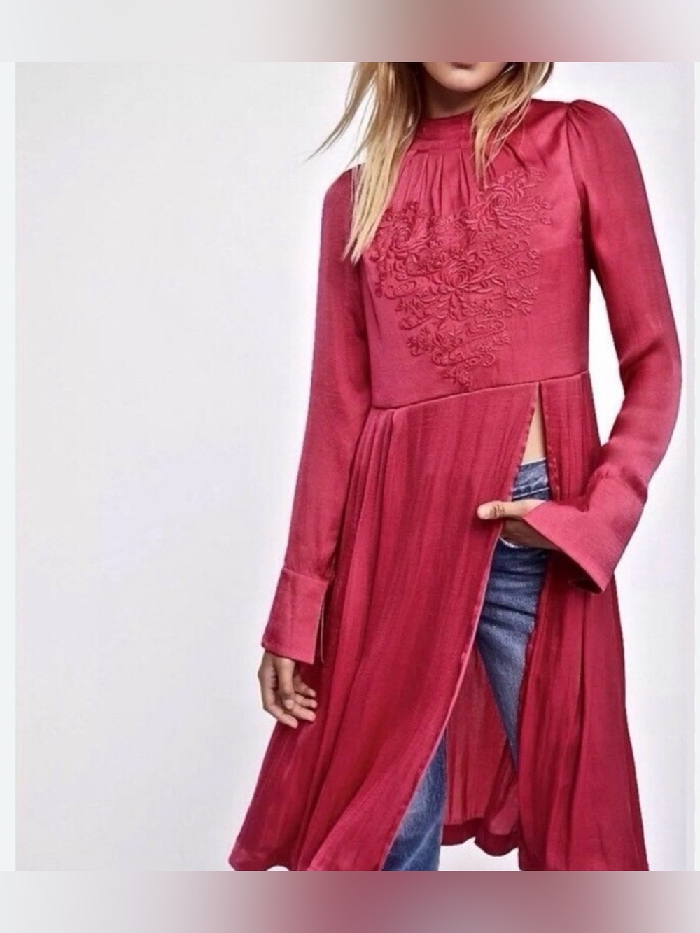 Free People XS New Day Floral Embroidered Mock Neck Tunic Dress